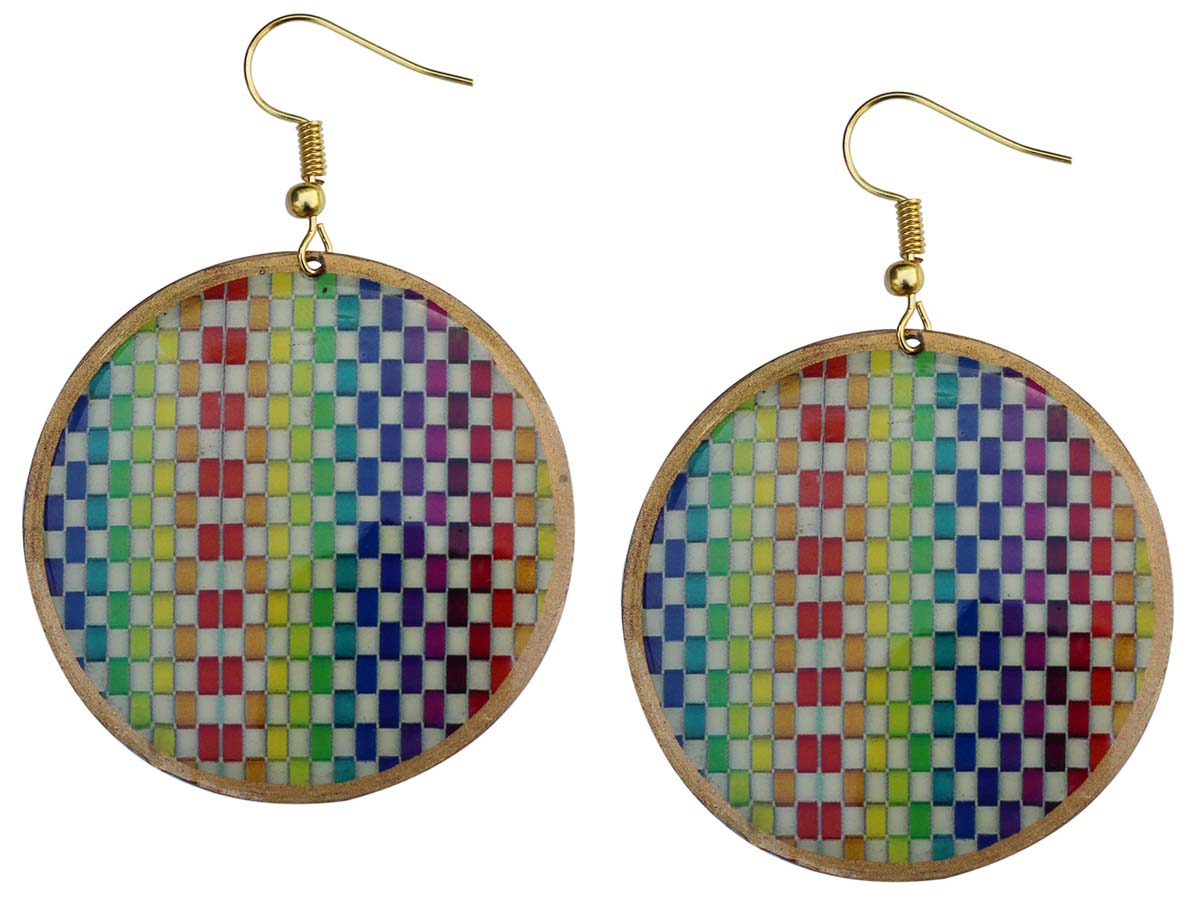 Pair of Round Hook Earrings in Brass - 2.5” Colorful Pixel Pattern - Drop Earrings / Women Fashion Jewelry - Buy in Bulk Wholesale